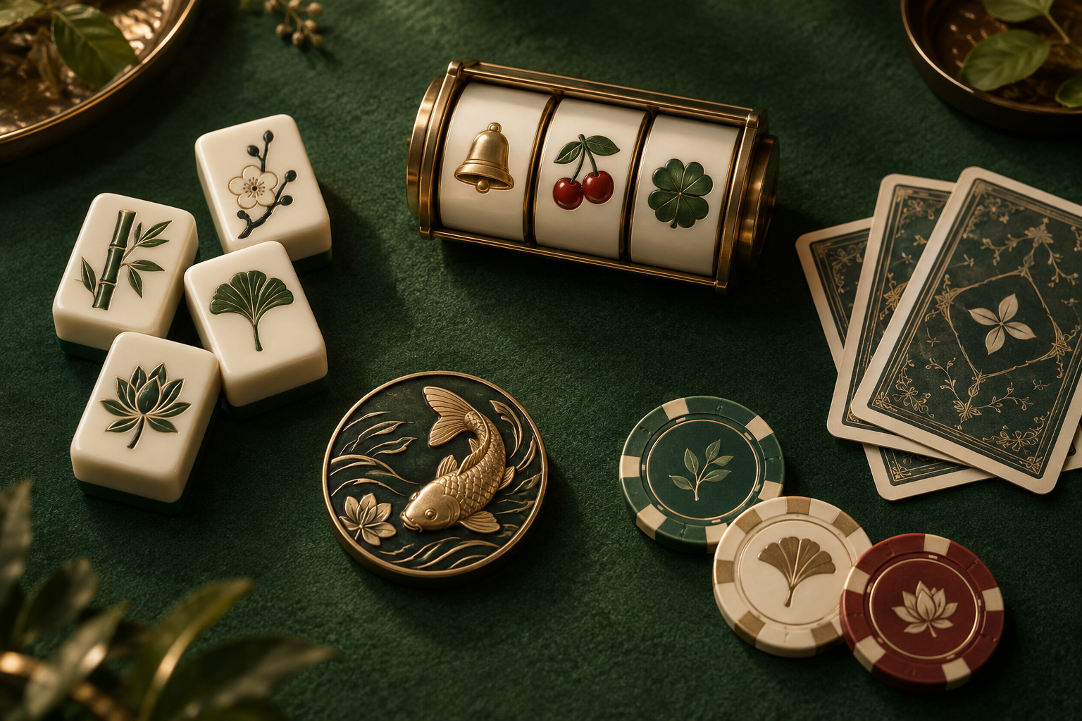 Komposisi permainan kasino dengan gulungan slot, kartu, dan keping