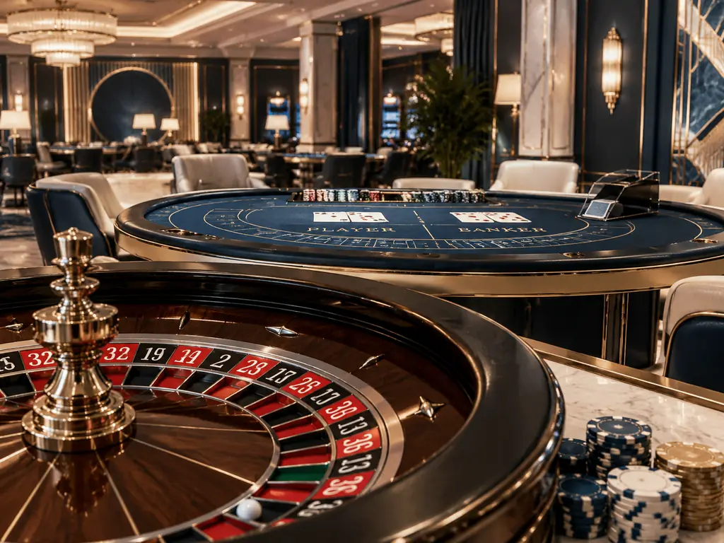 Interior kasino dengan meja roulette dan meja kartu dalam warna porselen dan biru tua
