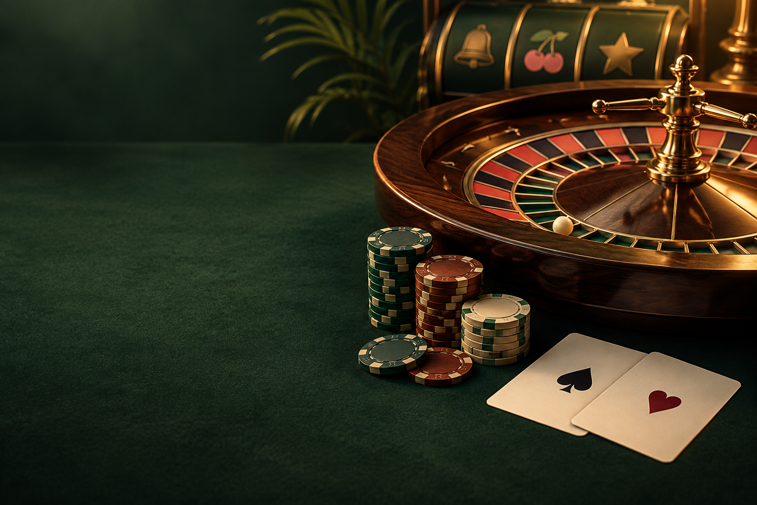 Meja roulette, kartu, dan keping kasino bernuansa tembaga